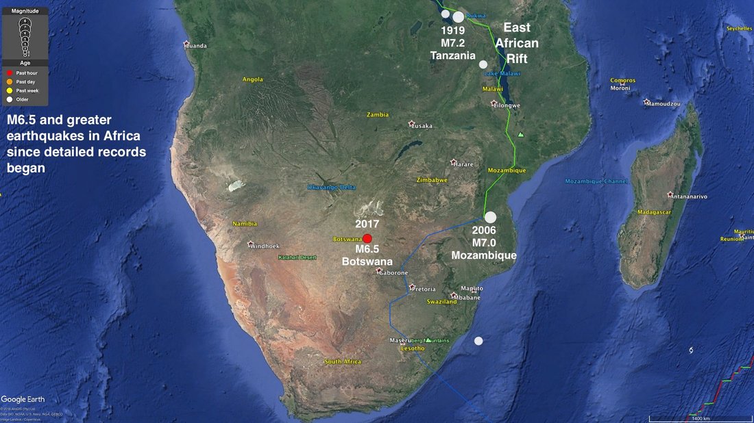 Map showing earthquakes of magnitude 6.5 and greater that have occurred in Southern Africa since detailed records began (1900 onwards)