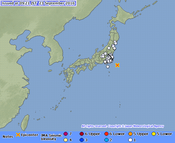 M6.5 Japan earthquake location September 23, 2016