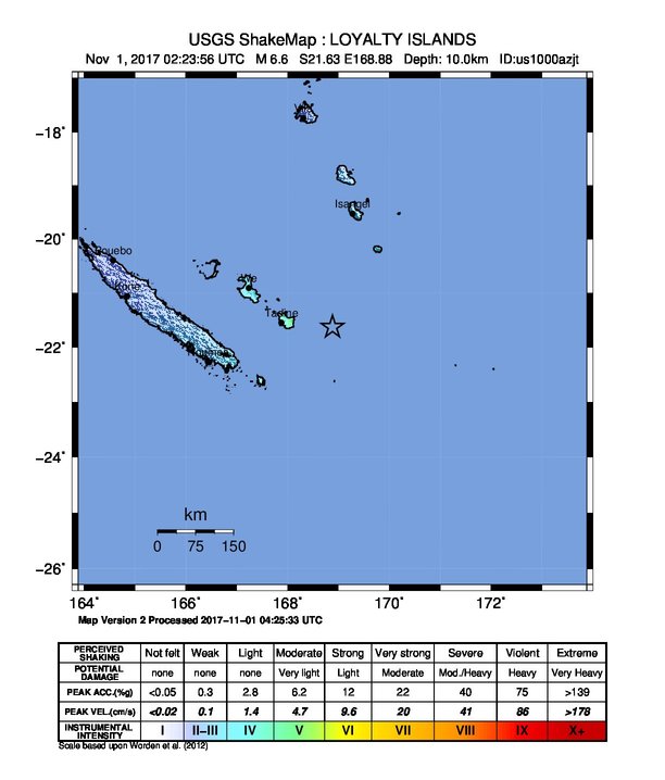 Loyalty Islands, New Caledonia M6.6 earthquake November 1, 2017 shakemap 