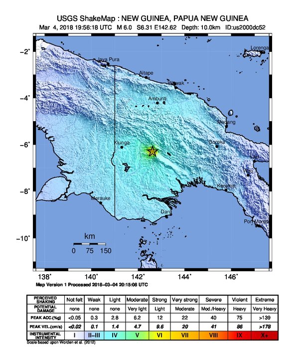 M6.0 earthquake in PNG on March 4, 2018 shakemap
