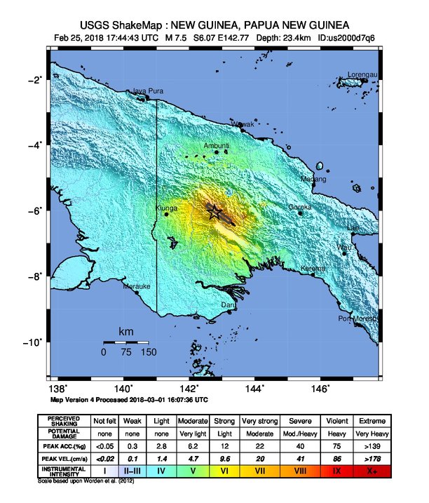 M7.5 earthquake in PNG on February 25, 2018 shakemap