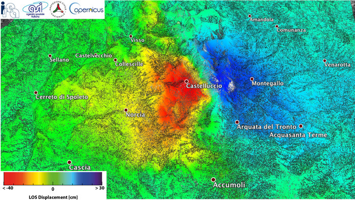 Copernicus Sentinel-1B radar image, October 26, combined with a Sentinel-1A radar image, November 1, to analyse ground displacements caused by the quake. Image credit: Contains modified Copernicus Sentinel data (2016)/ESA/CNR-IREA
