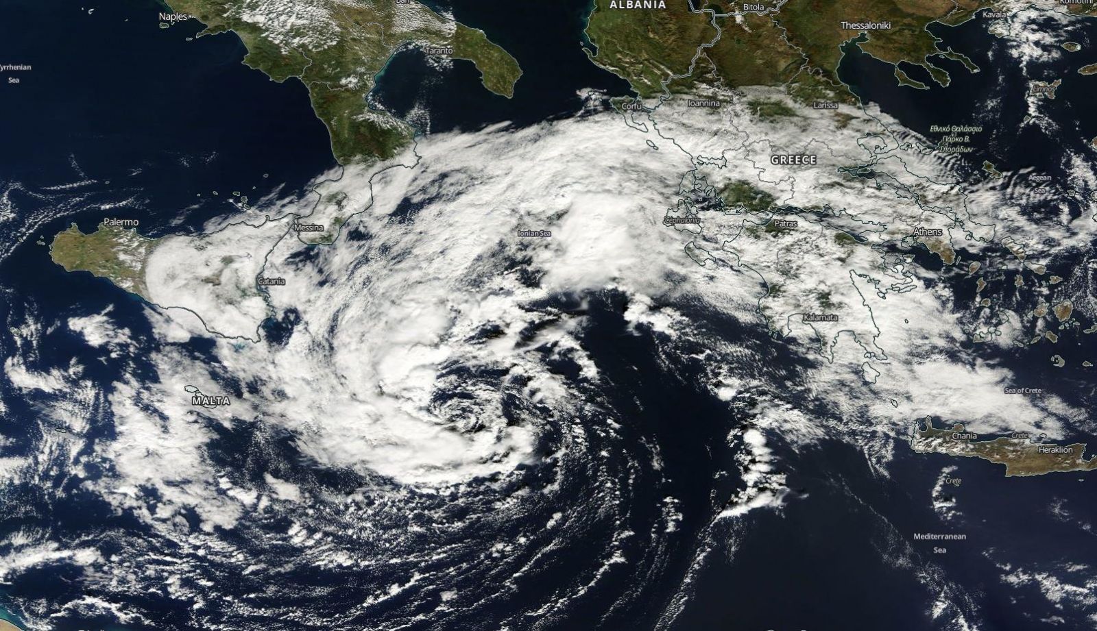 Mediterranean tropical storm, October 29, 2016. Image credit: NASA/Terra MODIS