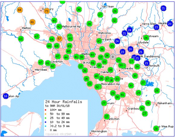 24 hour rainfall over Melbourne, Victoria, AU - by 09:00 local time, January 30, 2018