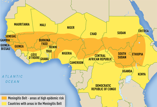Areas with frequent epidemics of meningococcal meningitis