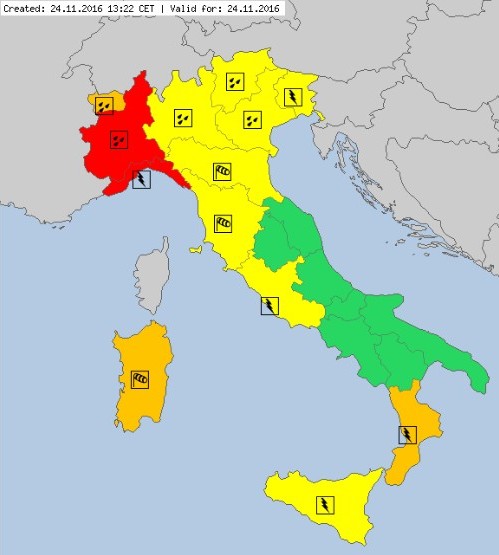 Meteoalarm warnings for Italy, November 24, 2016