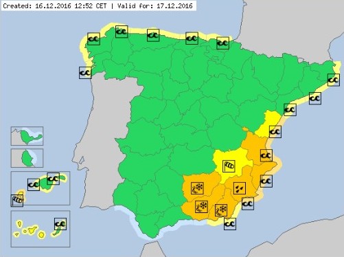 Meteoalarm alerts for Spain valid December 17, 2016