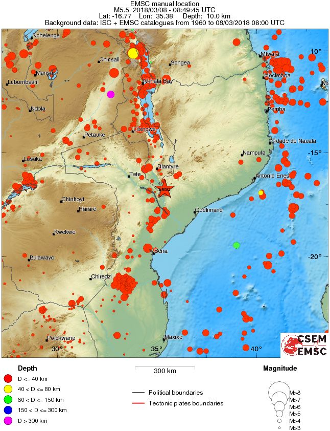 Mozambique M5.6 earthquake March 8, 2018 regional seismicity