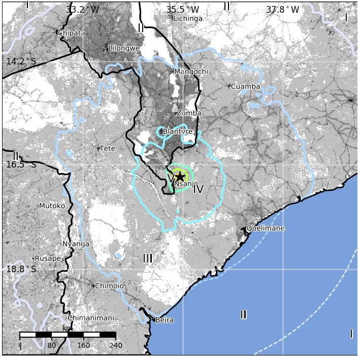 Mozambique M5.6 earthquake March 8, 2018 Estimated population exposure