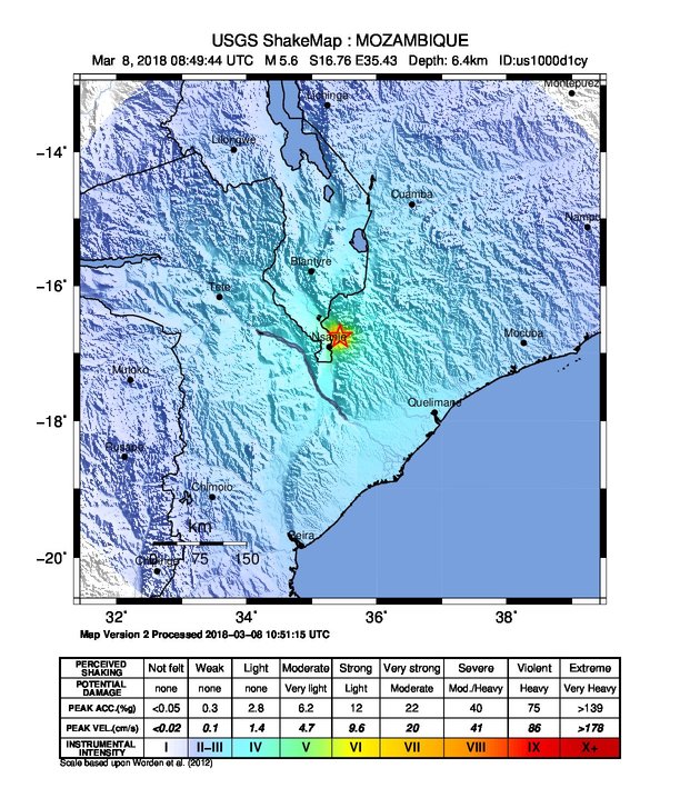 Mozambique M5.6 earthquake March 8, 2018 ShakeMap