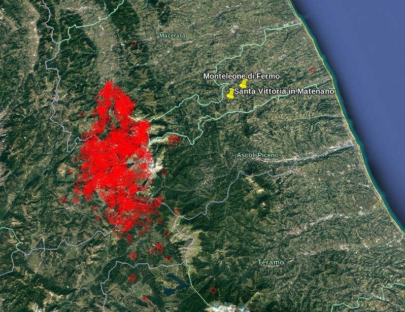 Markers show the locations of mud volcanoes in Marche region, Italy in relation to the recent increase in earthquake activity