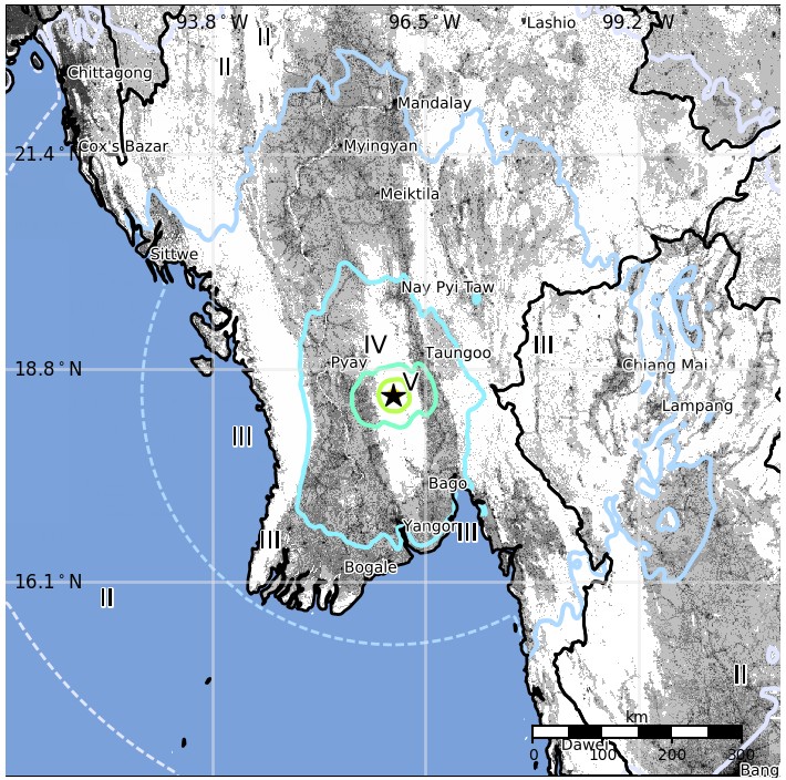 Myanmar earthquake January 11, 2018 - Estimated population exposure