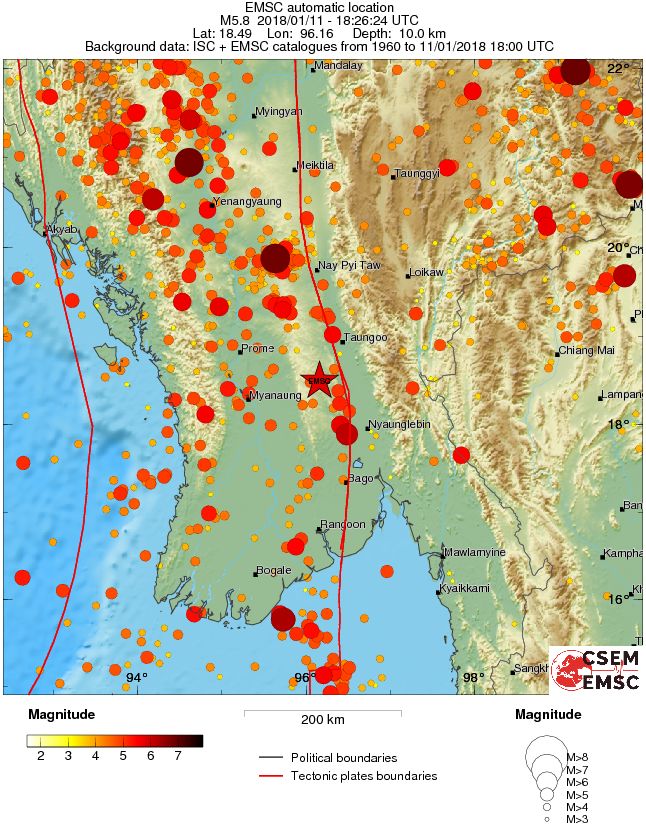 Myanmar earthquake January 11, 2018 - Regional seismicity