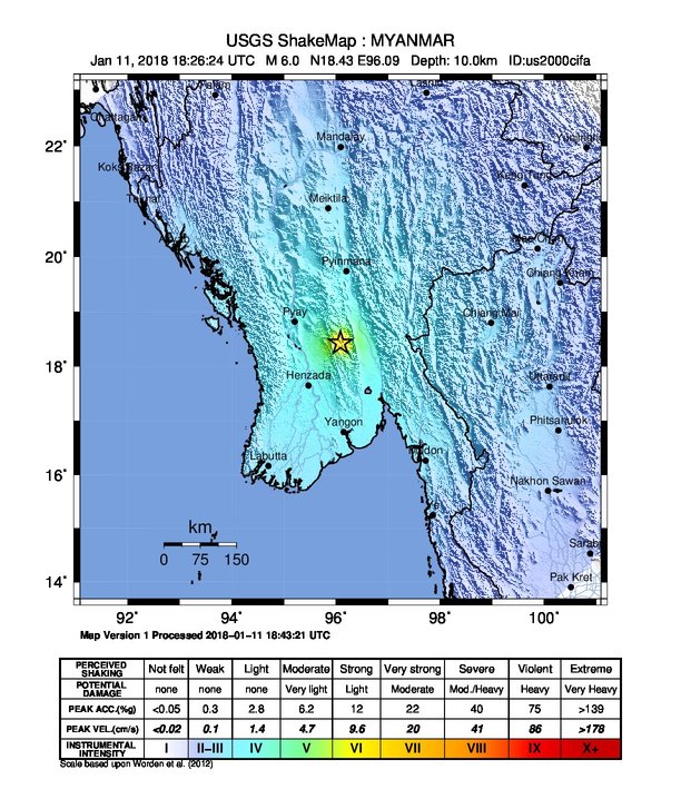 Myanmar earthquake January 11, 2018 - ShakeMap