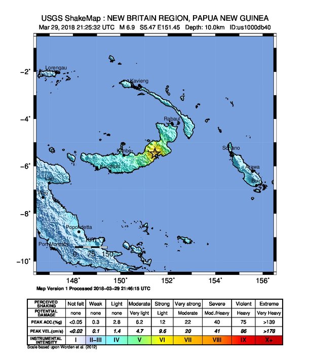 New Britain, PNG earthquake March 29, 2018 shakemap