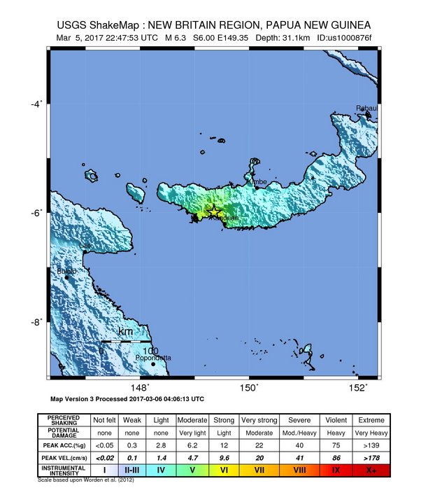 West New Britain, PNG earthquake - March 5, 2017 - ShakeMap