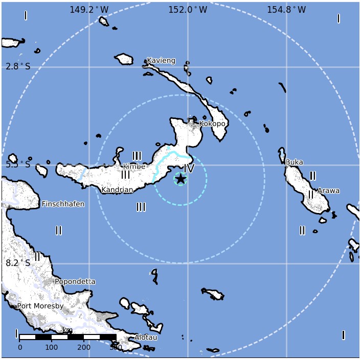 New Britain, PNG M6.0 earthquake May 9, 2018 estimated population exposure