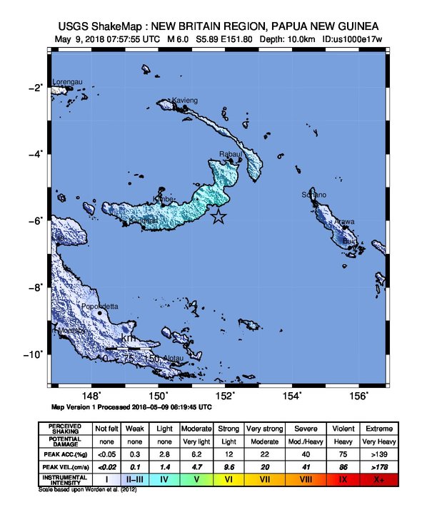 New Britain, PNG M6.0 earthquake May 9, 2018 ShakeMap