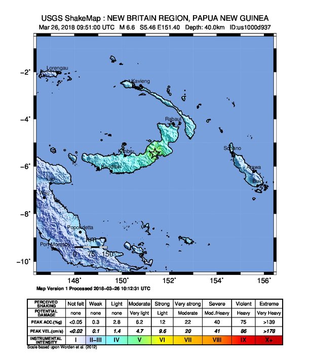 New Britain, PNG earthquake March 26, 2018 Shakemap