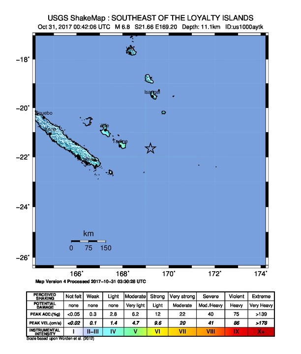 New Caledonia earthquake October 31, 2017 - ShakeMap