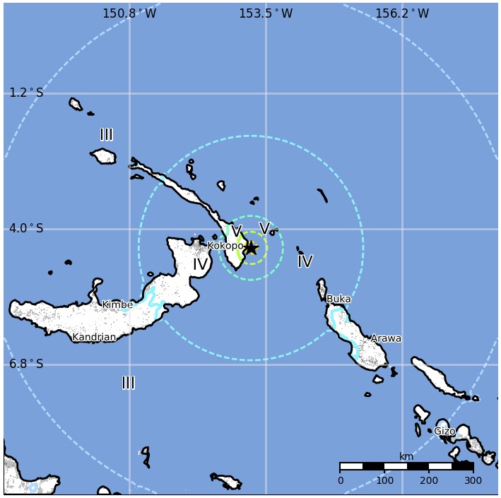 New Ireland, PNG M6.8 earthquake March 8, 2018 Estimated population exposure