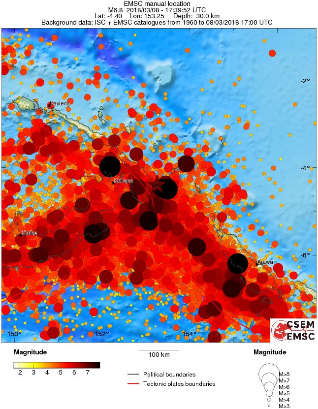 New Ireland, PNG M6.8 earthquake March 8, 2018 regional seismicity