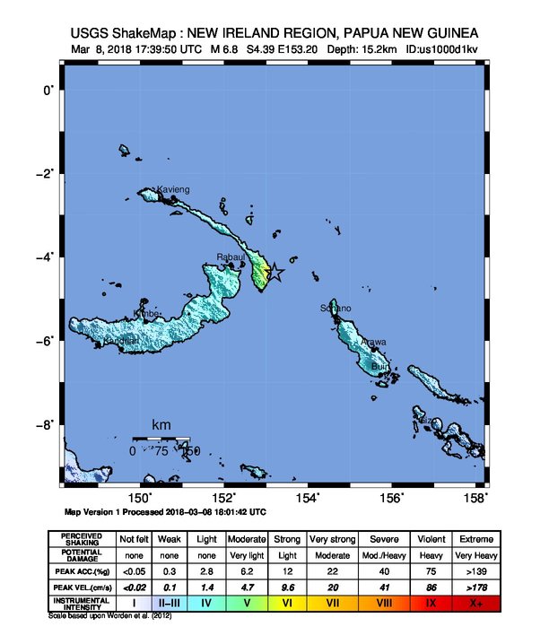 New Ireland, PNG M6.8 earthquake March 8, 2018 - ShakeMap