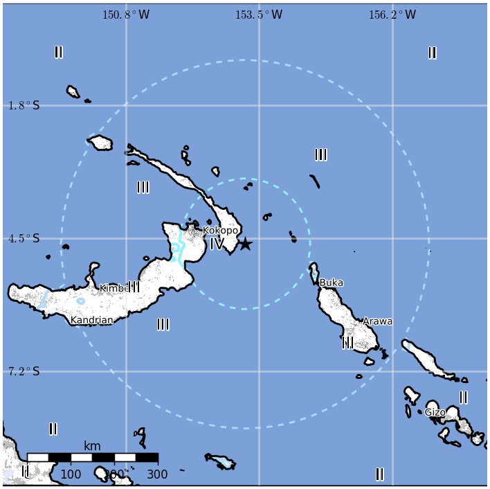 New Ireland, PNG earthquake November 27, 2017 - Estimated population exposure