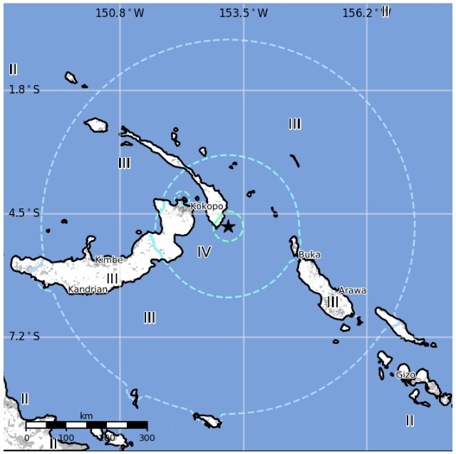 New Ireland Region, PNG earthquake July 13, 2017 - Estimated population exposure