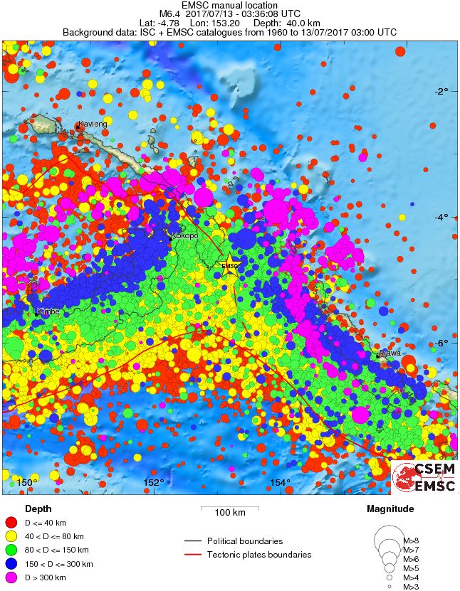 New Ireland Region, PNG earthquake July 13, 2017 - Regional seismicity