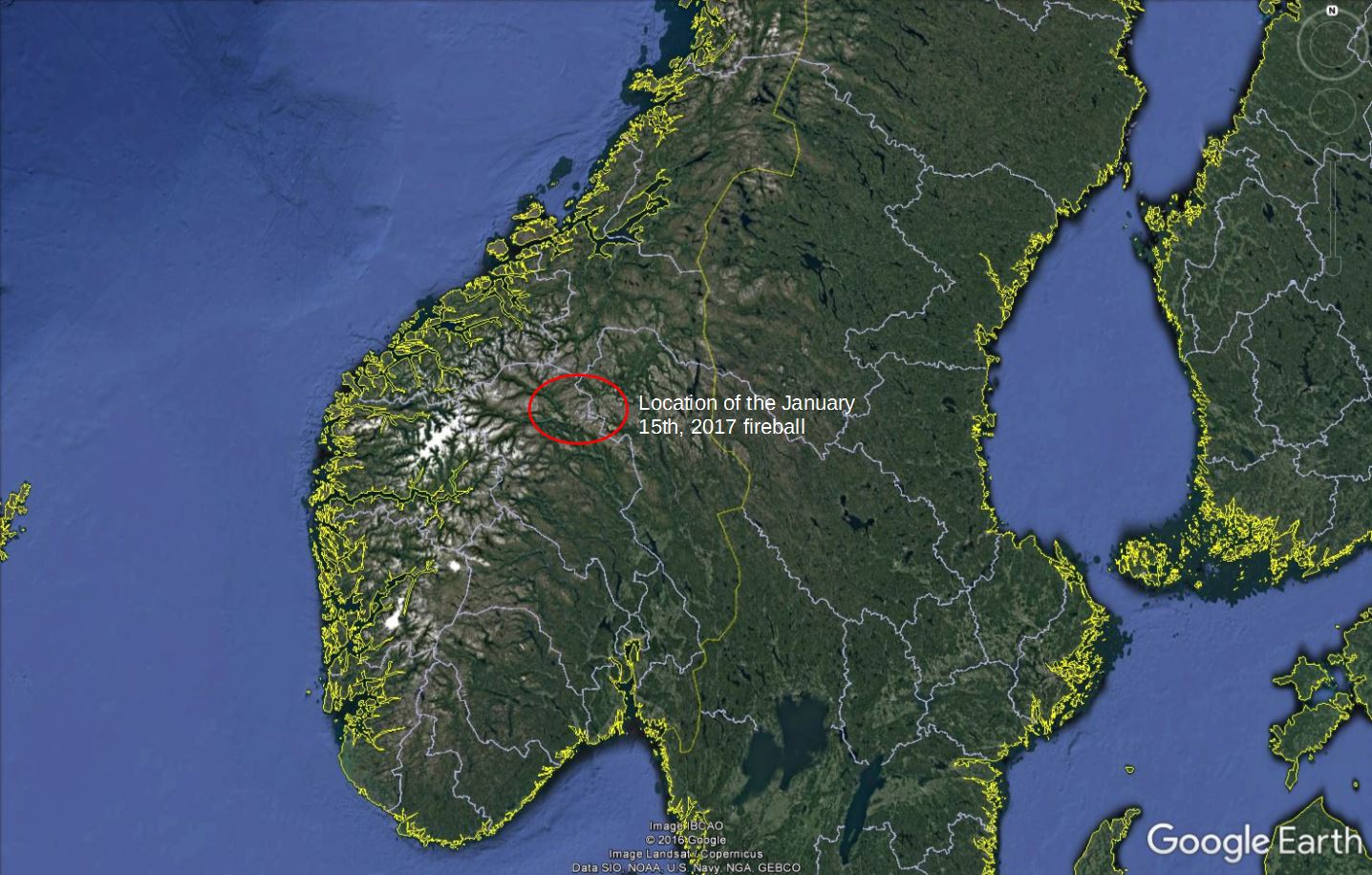Preliminary location of the January 15, 2017 Norway daylight fireball.