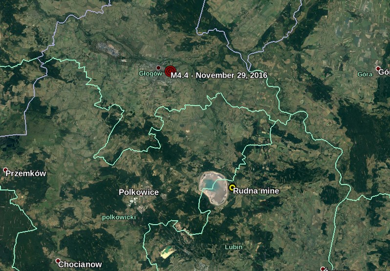 Rudna mine location and M4.4 earthquake on November 29, 2016