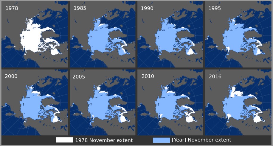 Arctic sea ice extent November 1978 - 2016 - Comparison