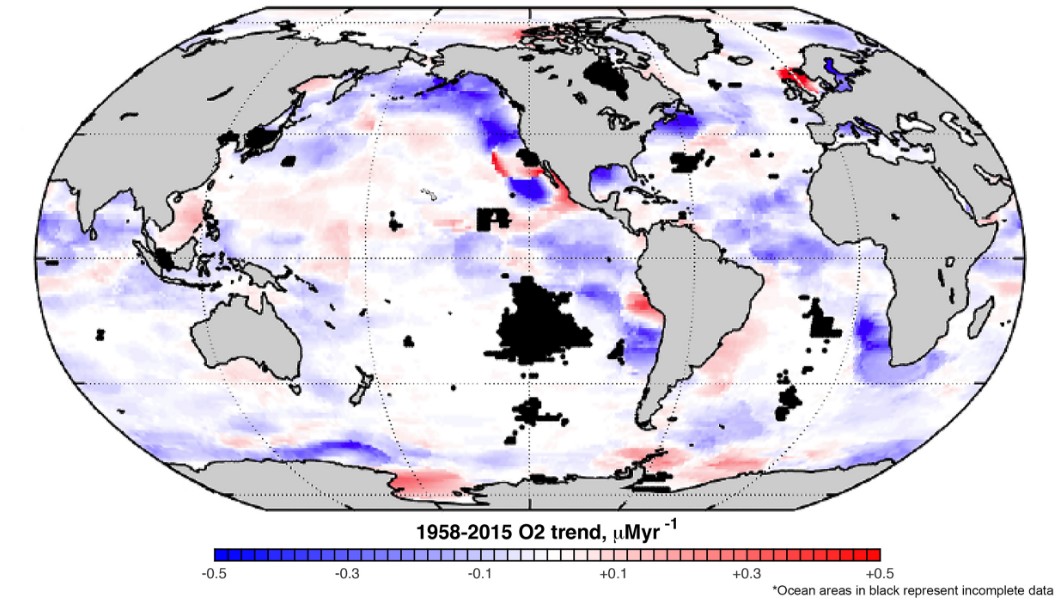 Global map of the linear trend of dissolved oxygen at the depth of 100 meters