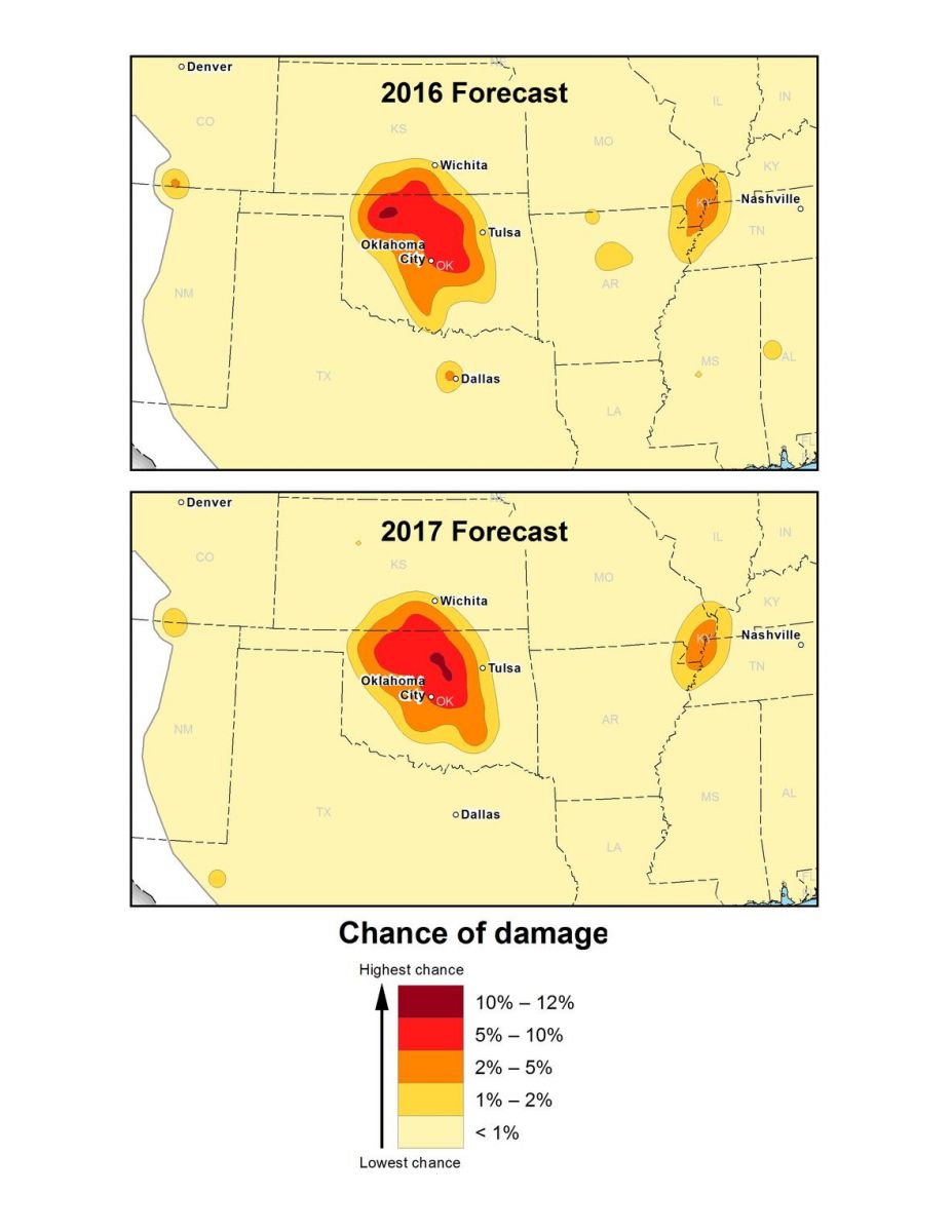 Maps comparing the potential to experience damage from a natural or human-induced earthquake in Oklahoma in 2016 and 2017