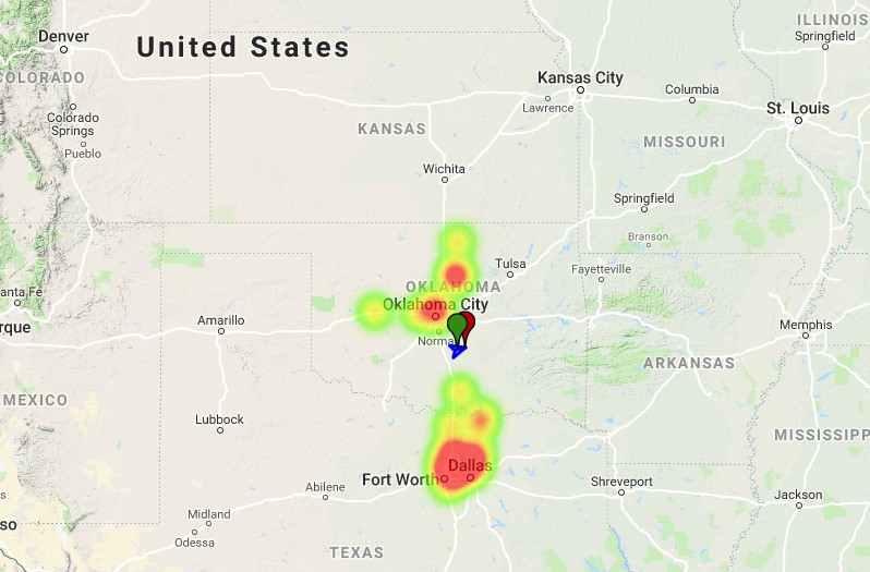 Daylight fireball over Texas and Oklahoma on March 13, 2018 heatmap