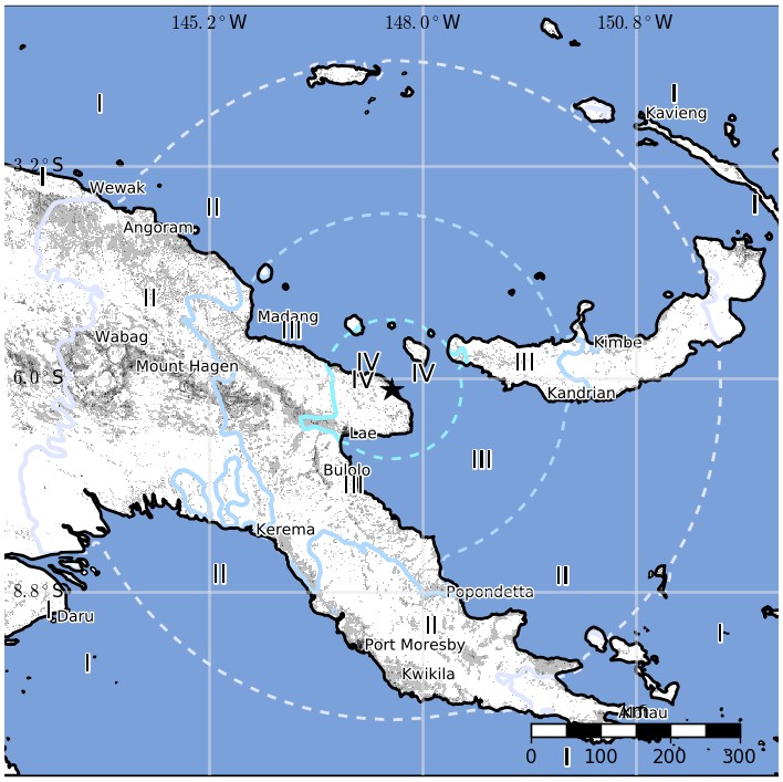 Papua New Guinea earthquake December 1, 2017 - Estimated population exposure