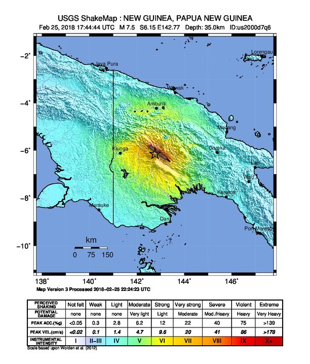 M7.5 earthquake Papua New Guinea February 25, 2018