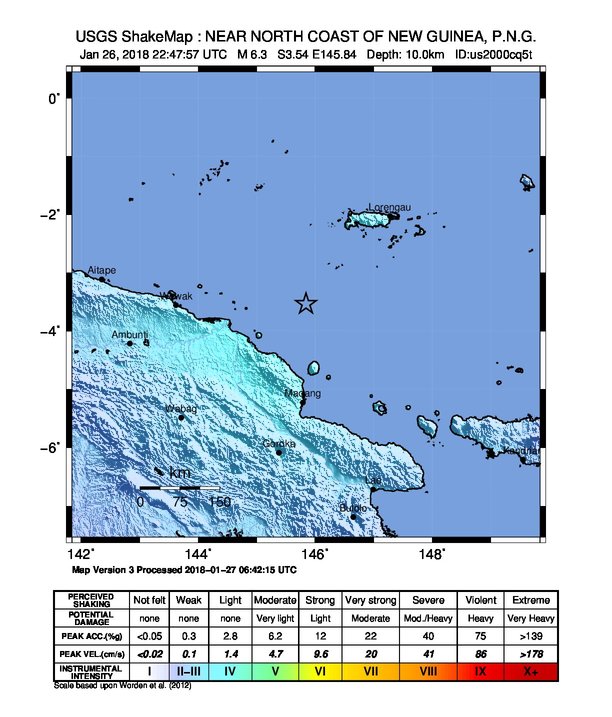 New Guinea, Papua New Guinea earthquake January 26, 2018 Shakemap