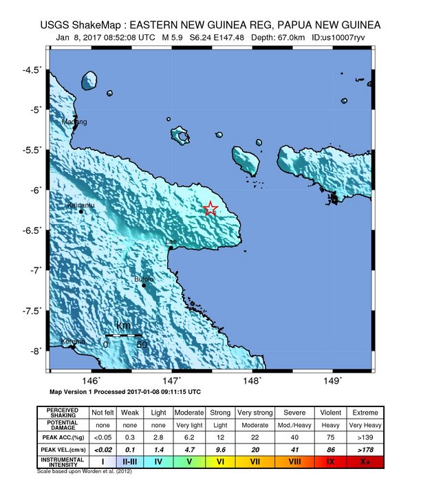 Papua New Guinea earthquake, January 8, 2017 - ShakeMap