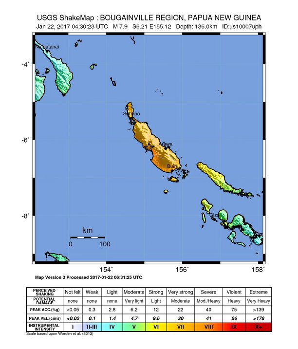 Bougainville Region earthquake, January 22, 2017 - ShakeMap
