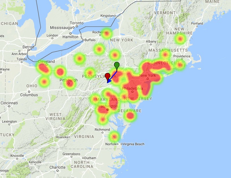 Pennsylvania fireball December 2, 2017 - Heatmap