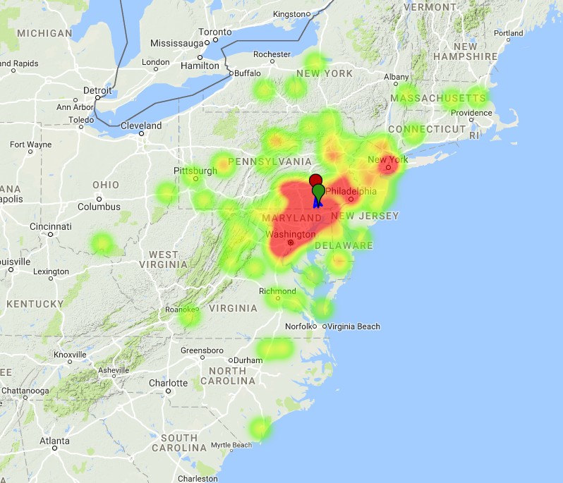 Fireball over Maryland and Pennsylvania on September 17, 2017 - Heatmap