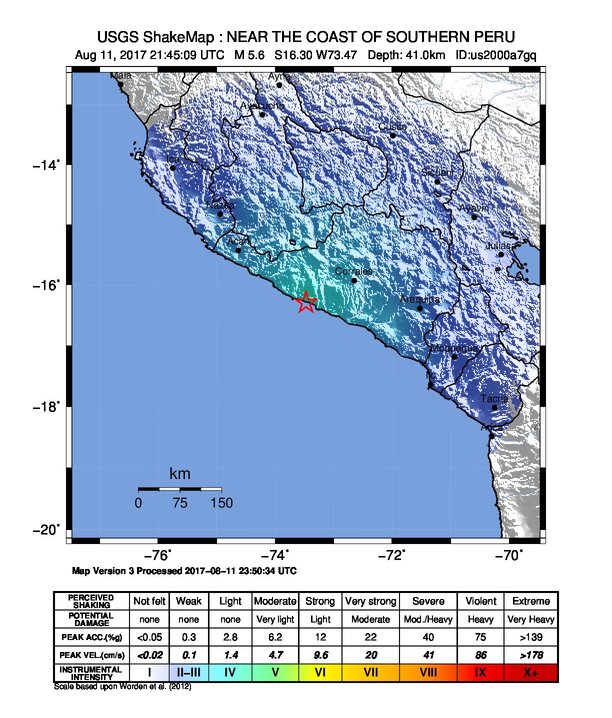 Peru earthquake August 11, 2017 - ShakeMap