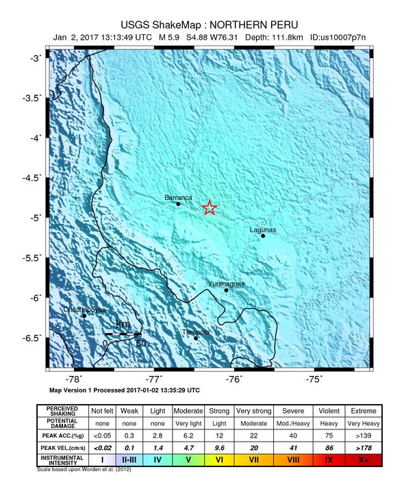 Peru earthquake, January 2, 2017 - ShakeMap
