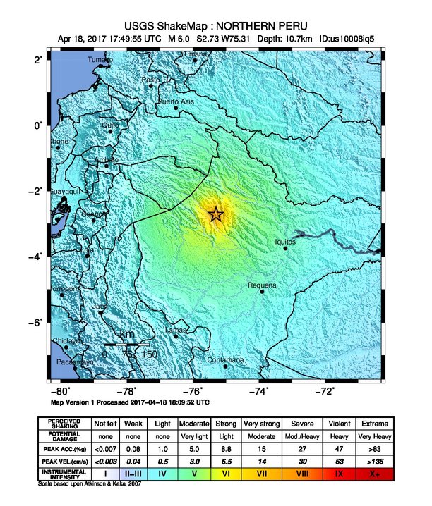 Peru - Ecuador border region earthquake April 18, 2017 - ShakeMap