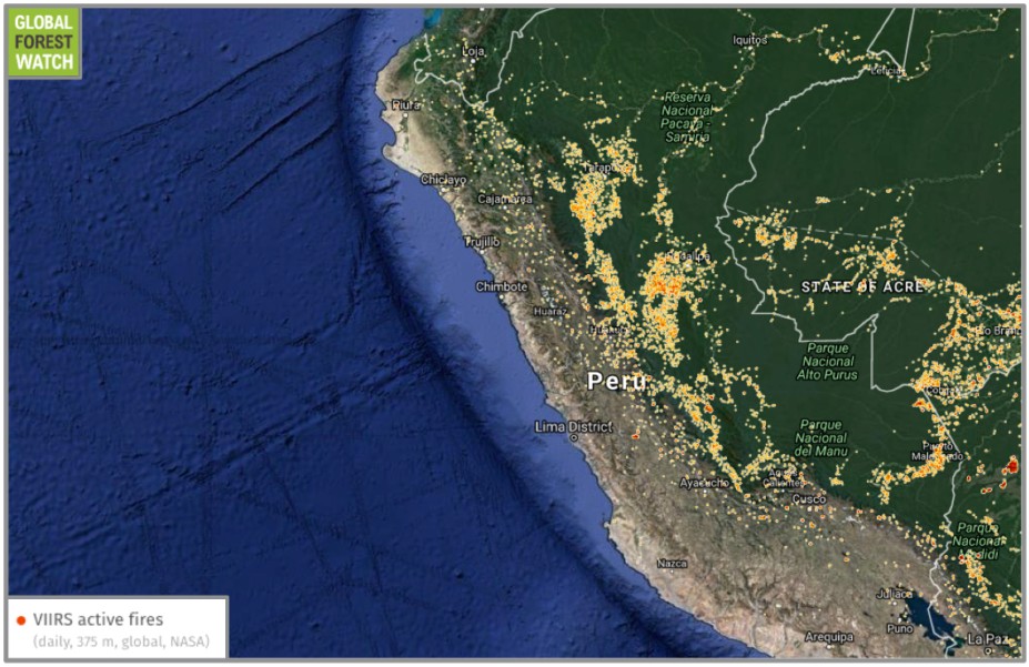 Map of Peruvian Amazon wildfires between September 12 and 19, 2016