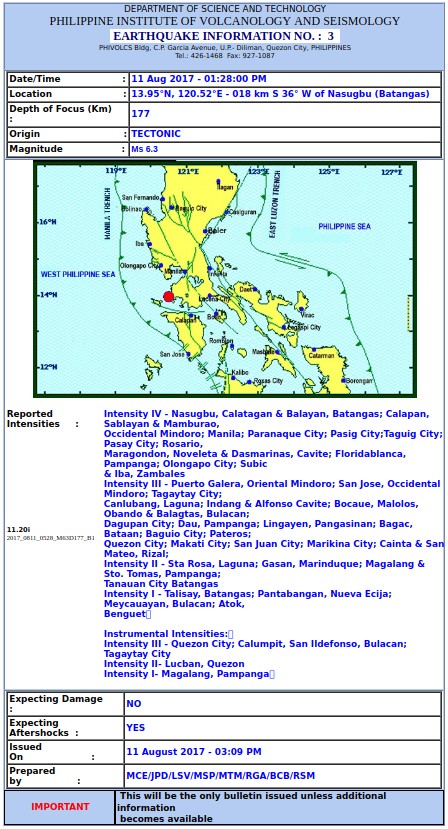 Philippines earthquake August 11, 2017 - PHIVOLCS report