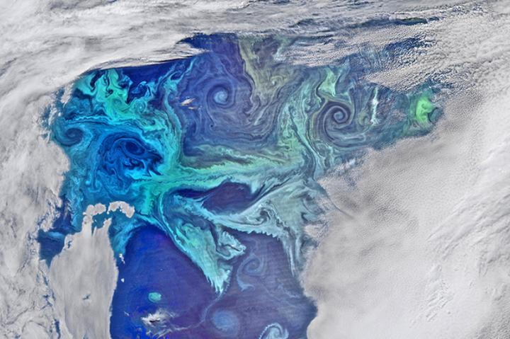 A phytoplankton bloom in the Southern Ocean reflects light back toward a NASA satellite.