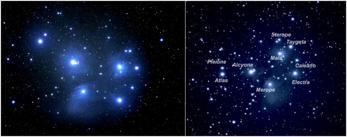 Pleiades star cluster with names of the main stars Atlas, Pleione, Alcyone, Merope, Sterope I, Sterope II, Maya, Taygete, Calaeno and Electra